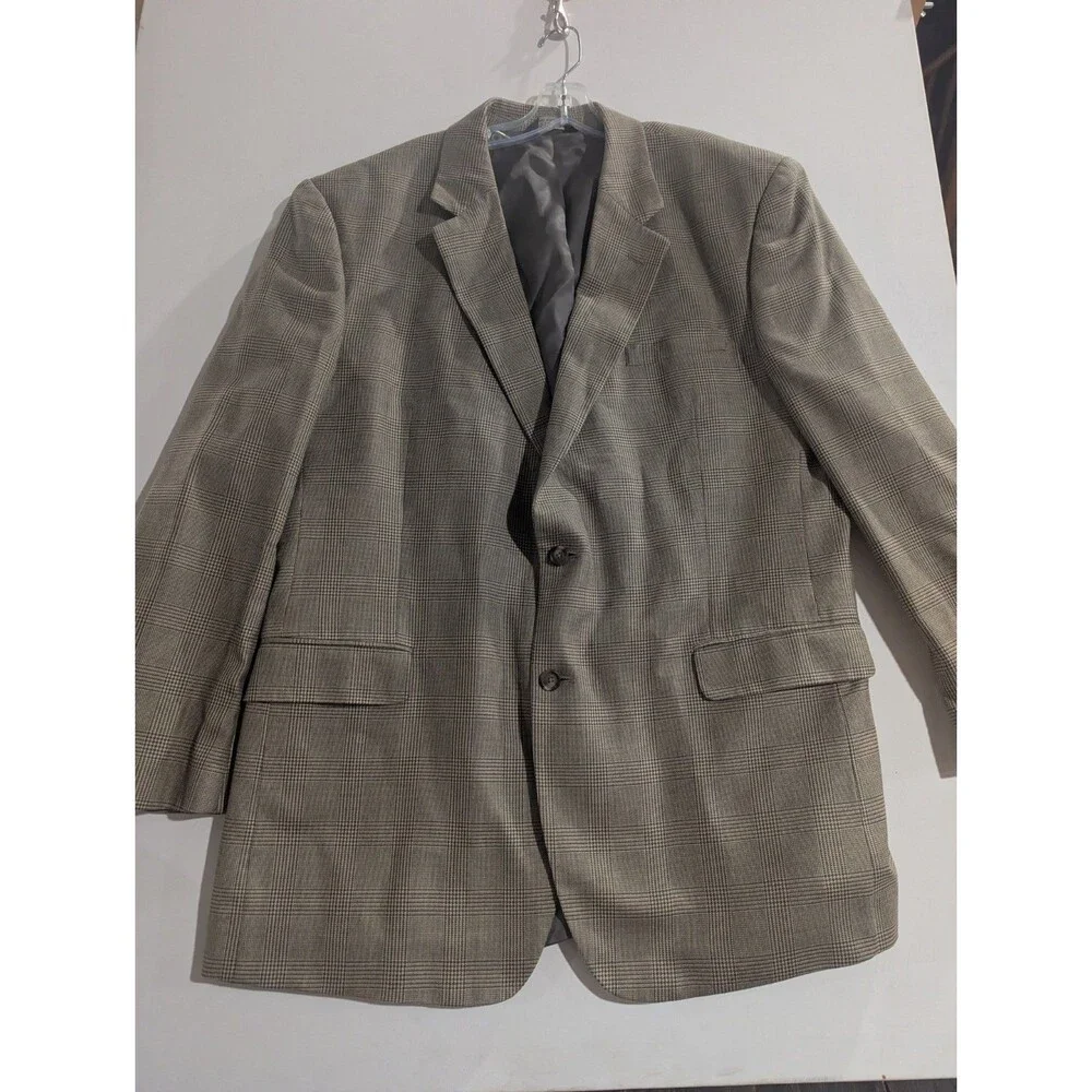 Jos‎ A Bank Mens Brown Windowpane Plaid Silk/Wool Blend Sports Blazer Jacket 48L